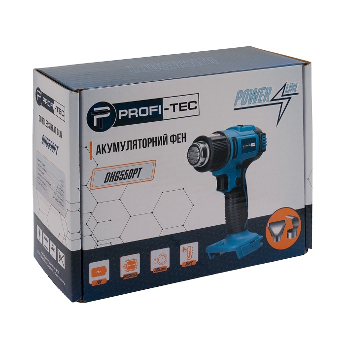 Фен технічний акумуляторний (без АКБ) PROFI-TEC DHG550PT 20V 350*/550* 005933