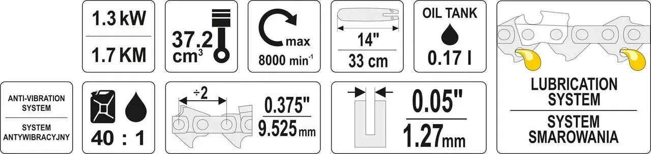 Бензопила ланцюгова YATO YT-84895 37,2 см31,3кВт шина 33 см
