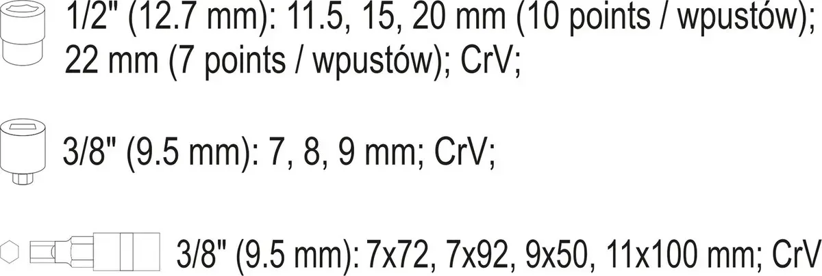 НАСАДКИ 6-ГРАННІ ДЛЯ ГАЛЬМІВНИХ СУПОРТІВ АВТО YATO: КВАДР- 3/8″, 1/2″, 7- 22 ММ, 11 ШТ YT-06808