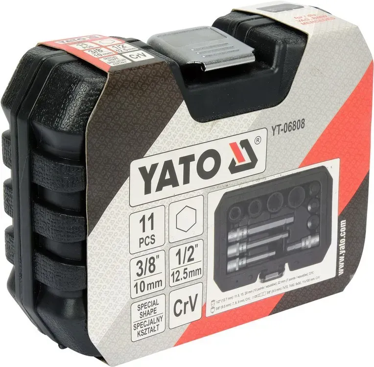 НАСАДКИ 6-ГРАННІ ДЛЯ ГАЛЬМІВНИХ СУПОРТІВ АВТО YATO: КВАДР- 3/8″, 1/2″, 7- 22 ММ, 11 ШТ YT-06808