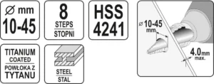Свердло багатоступінчасте конусне Ф-10-45ммL-10075 мм YATO HSS 4241мm YT-44742