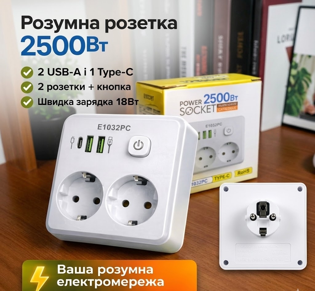 Трійник мережевий Power Socket 2500W з вимикачем 2 розетки+3USB+Type-C Lmar LMR126-179