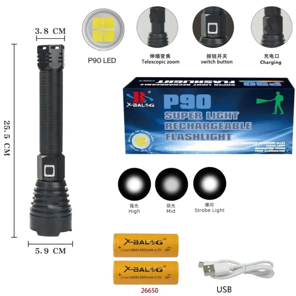 Ліхтар BL-601-P90 2*26650/2*18650 ЗП Power Bank Type-C zoom індікація заряду