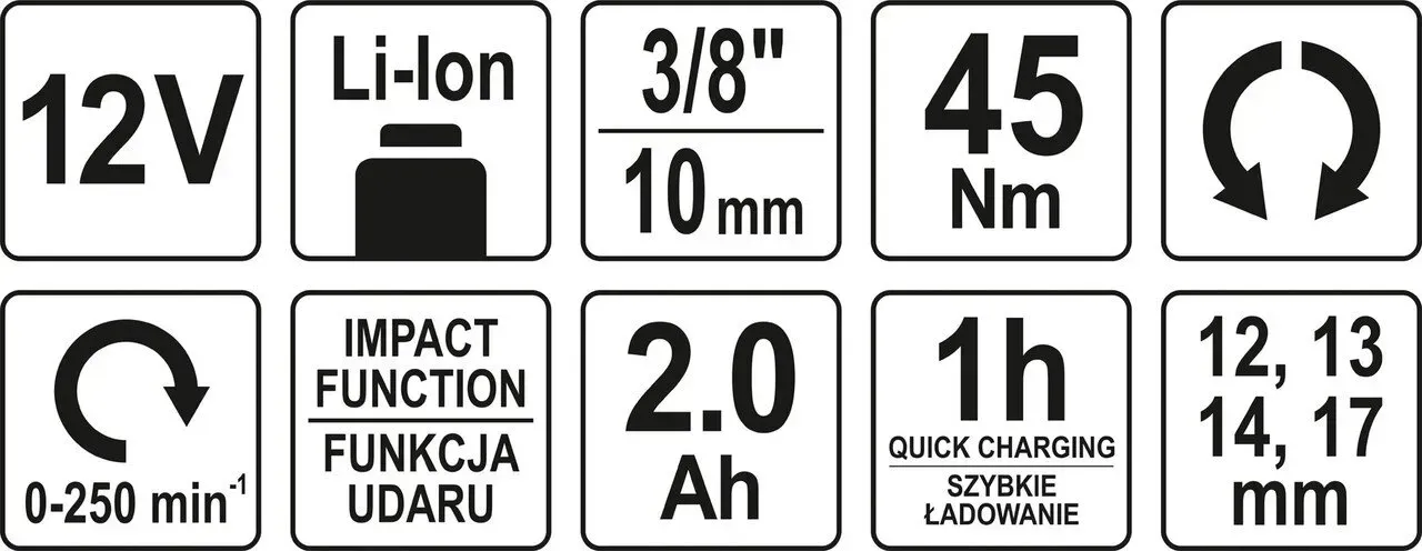 Тріскачка акумуляторна ударна 3/8″/45Нм,12 В,2 Агод+4головки YT-82902