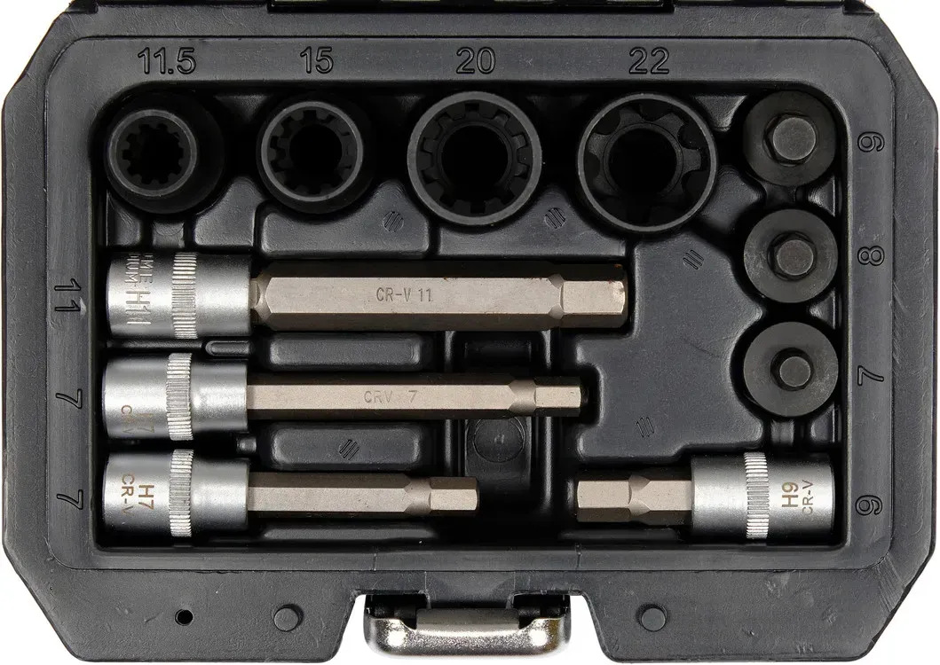 НАСАДКИ 6-ГРАННІ ДЛЯ ГАЛЬМІВНИХ СУПОРТІВ АВТО YATO: КВАДР- 3/8″, 1/2″, 7- 22 ММ, 11 ШТ YT-06808