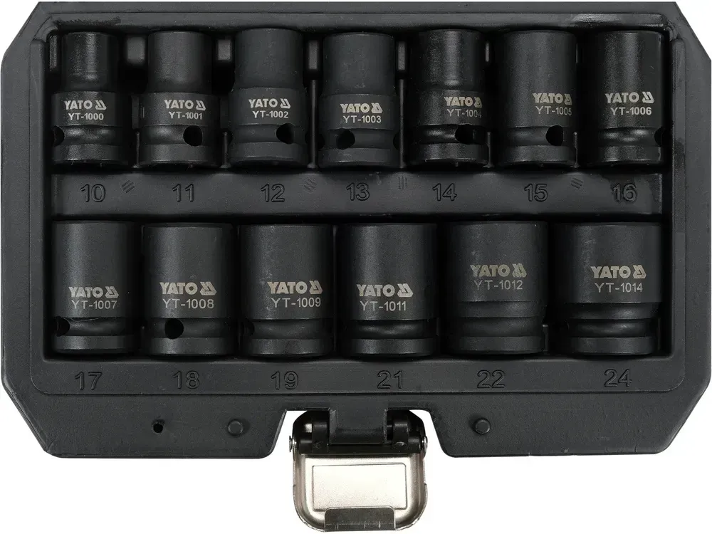 Набір Головок торцевих ударних 6-гр YATO:квадрат1/2″М10-24 мм, 13 шт YT-10251
