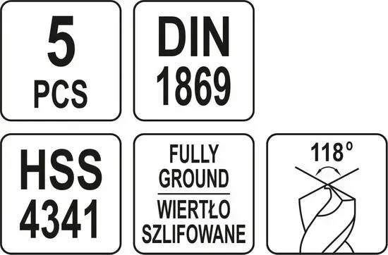 Свердла по металу довгіі YATO HSS 3.4.5.6.8мм/І=150-240мм/5шт YT-39820
