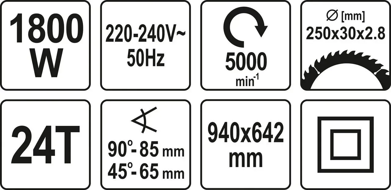 Пила циркулярна мережева YATO Р=1800Втдиск Ф-254/30ммкут 45*4800 об/хв(YT-82165)