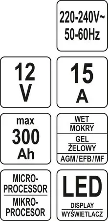 Електронний зарядний пристрій Yato 12V/2A 6A 10A 15A BOOST 300S 20A YT-83037