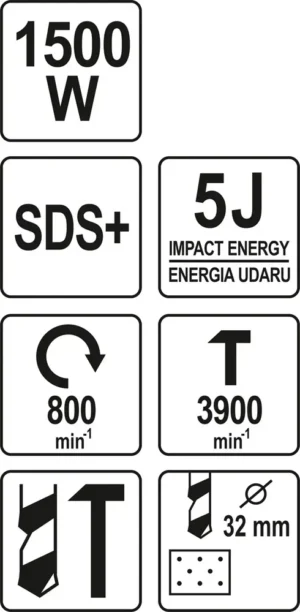 Перфоратор SDS+ YATO Р=1500Вт,J=5 Дж,2 режими,для свердел Д=32мм,YT-82127