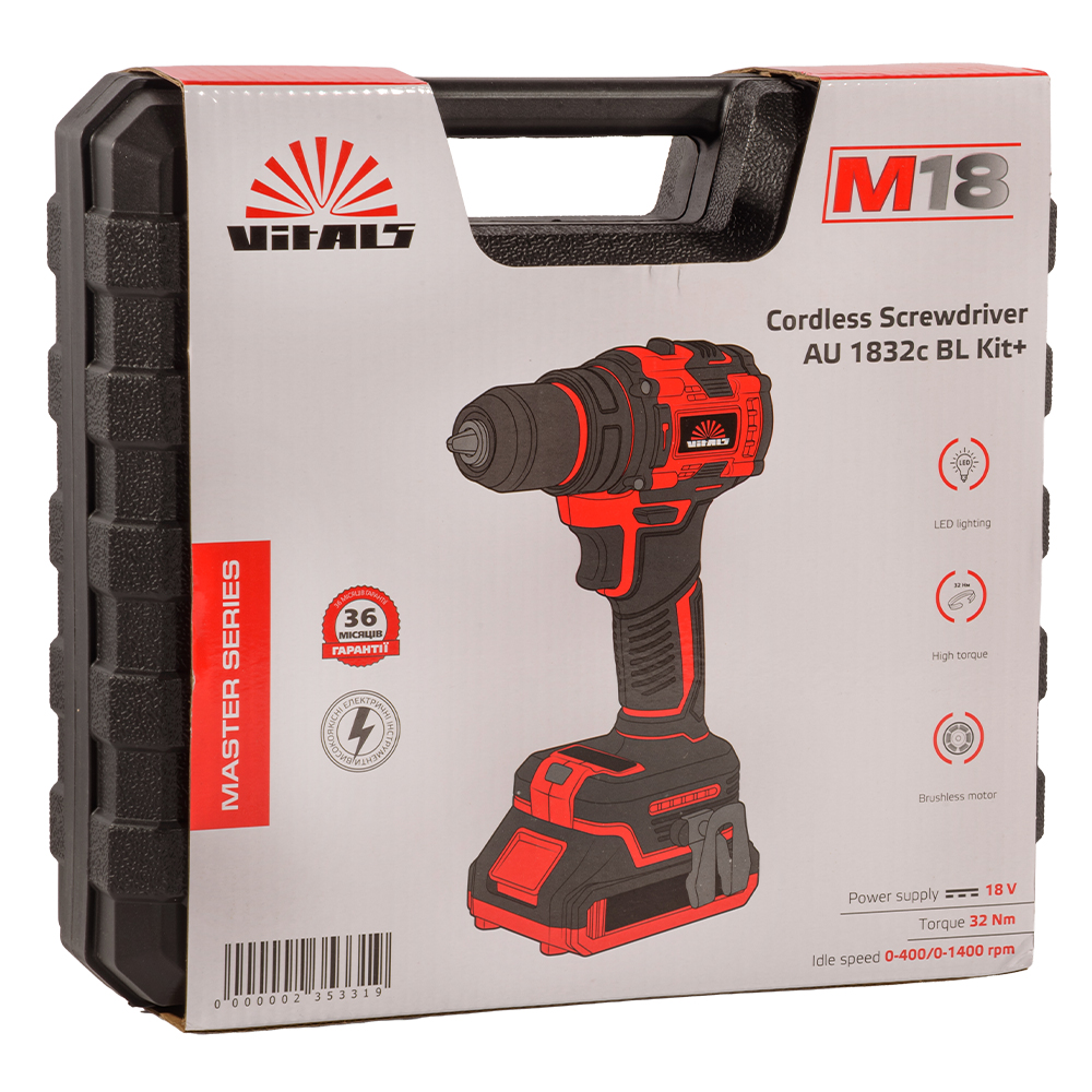 Дриль-шуруповерт акумуляторний безщітковий 2 АКБ та ЗП Vitals Master AU 1832c BL Kit+ АМТ 235331