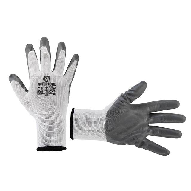 Рукавичка біла в’язана,синтетична,покрита сірим нітрилом на долоні 10″ІНТЕРТУЛ SP-0112