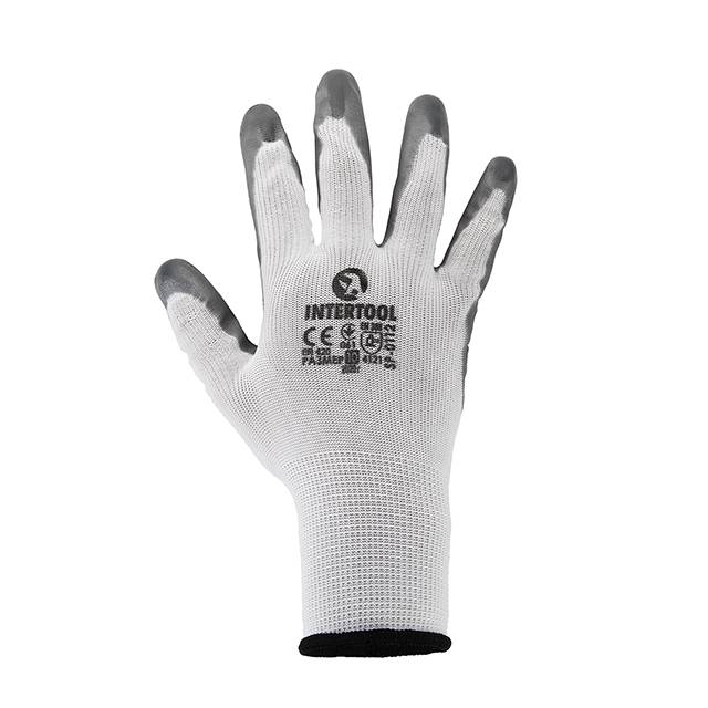 Рукавичка біла в’язана,синтетична,покрита сірим нітрилом на долоні 10″ІНТЕРТУЛ SP-0112
