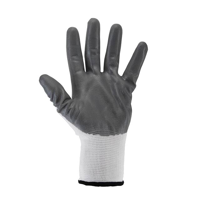 Рукавичка біла в’язана,синтетична,покрита сірим нітрилом на долоні 10″ІНТЕРТУЛ SP-0112