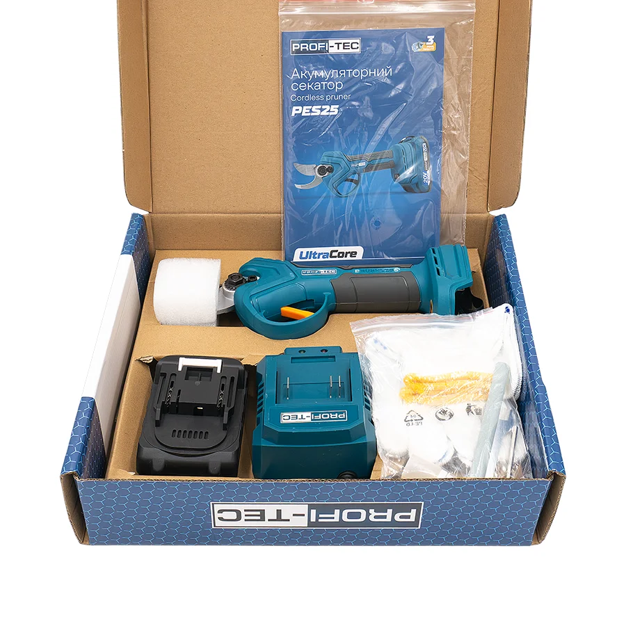 Секатор акумуляторний PROFI-TEC PES25 UltraCore 20V/Ф=25мм 1 АКБ та ЗП/коробка 007644