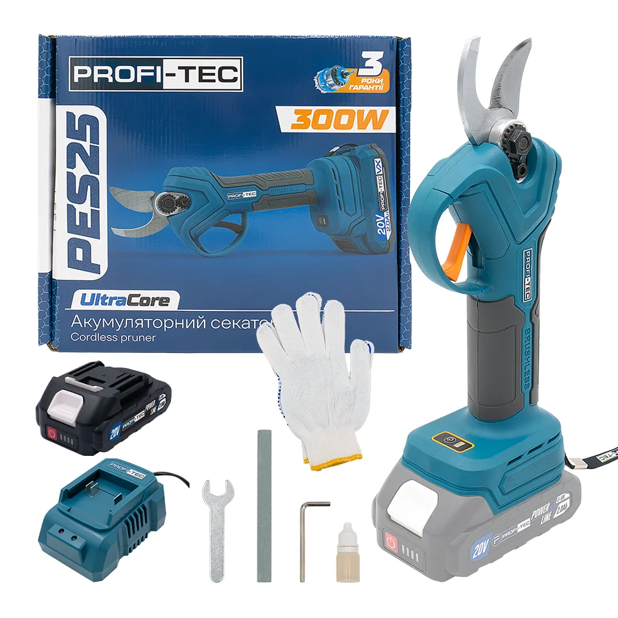 Секатор акумуляторний PROFI-TEC PES25 UltraCore 20V/Ф=25мм 1 АКБ та ЗП/коробка 007644