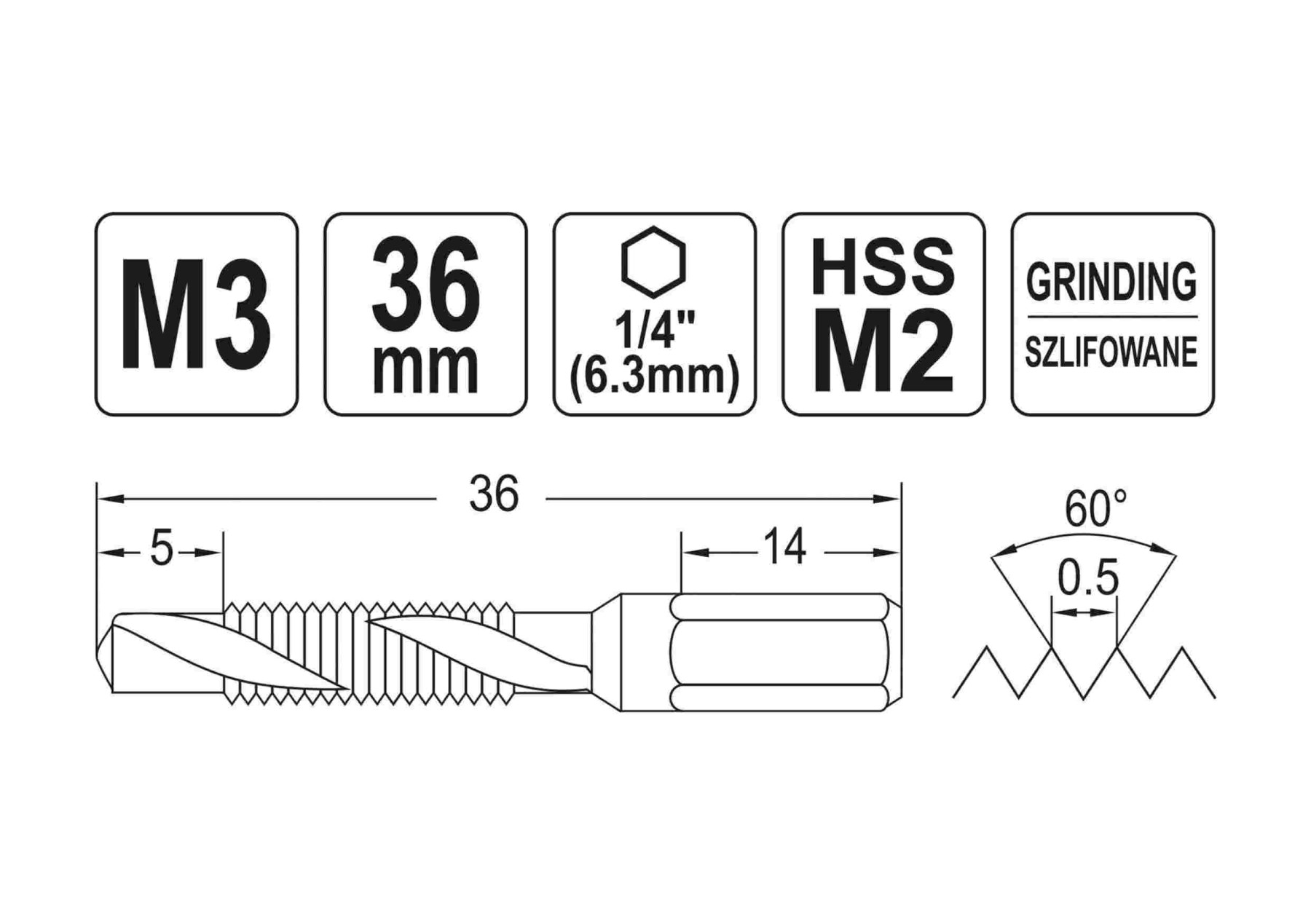 Свердло-мітчик YATO M3*0.5 mm HSS M2 HEX-1/4 L=36/5 mm YT-44840