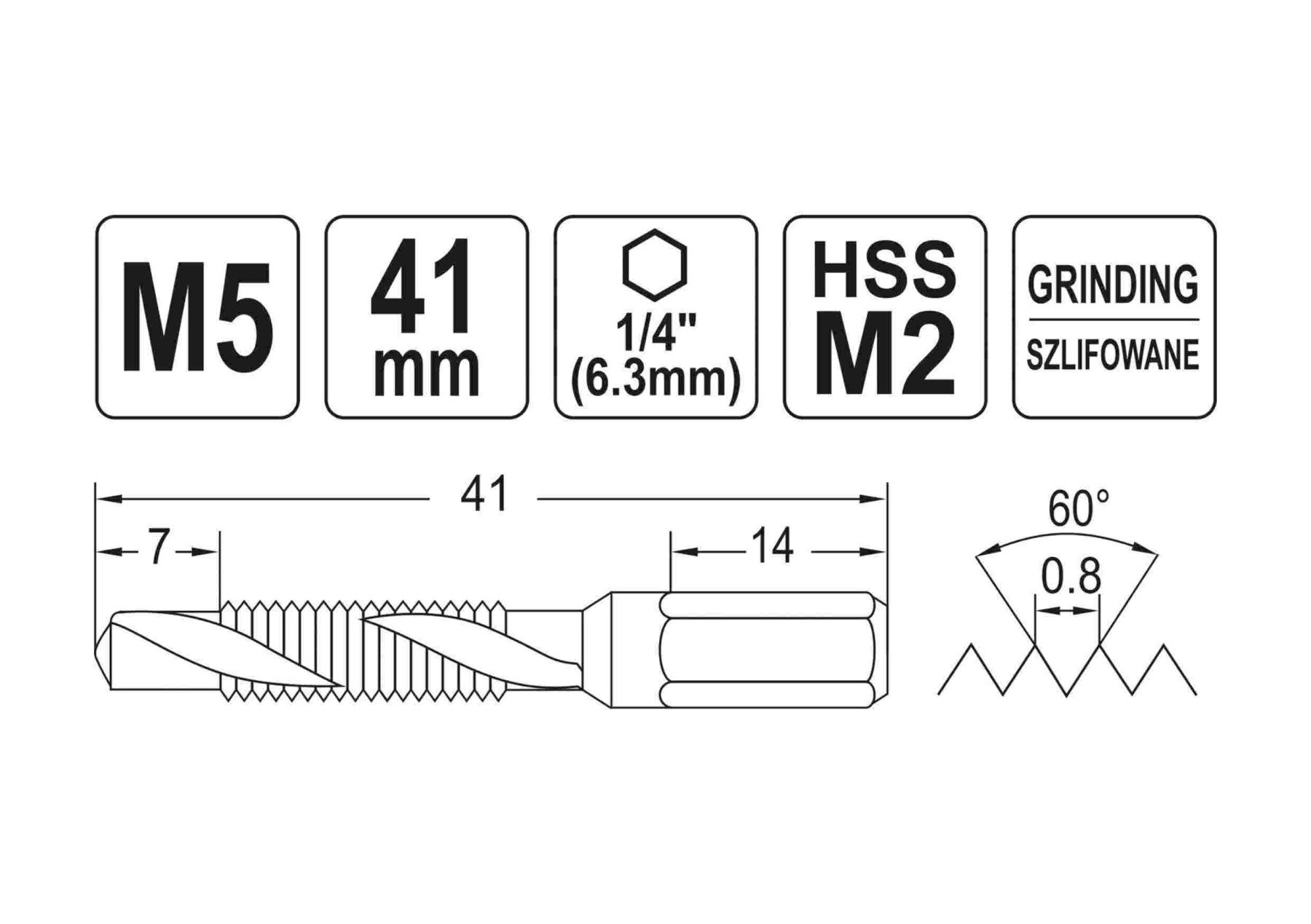 Свердло-мітчик YATO M5*0.8 mm HSS M2 HEX-1/4 L=41/7 mm YT-44842